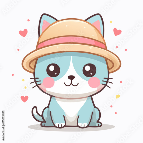 Adorable blue cat wearing a cute straw hat with pink ribbon surrounded by tiny hearts in a charming cartoon style.
