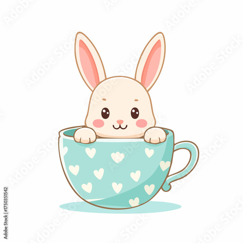 Adorable cartoon bunny peeking out from a cute blue teacup with heart patterns isolated on a white background perfect for childrens designs.