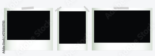 Set of vintage polaroid photo frames with black center and sticky tape isolated on transparent background for collage memory template retro scrapbook design or photography layout presentation.