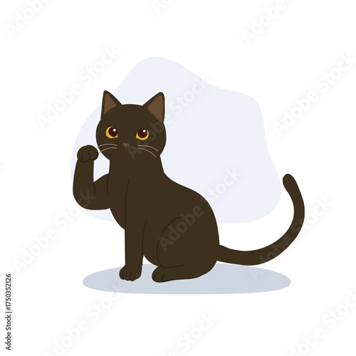 cute black cat cartoon showing a waving paw. black cat raising paw.