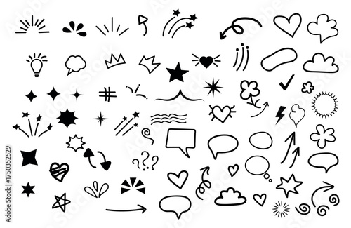 Collection of hand drawn doodle elements featuring stars hearts clouds arrows and decorative accents for design