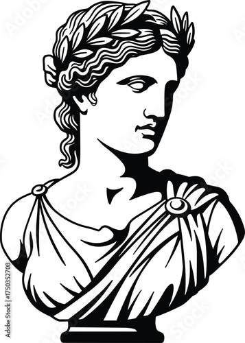 Classical Greek Roman sculpture bust illustration, ancient statue portrait vector, antique marble art, mythology woman head figure, vintage engraving drawing design