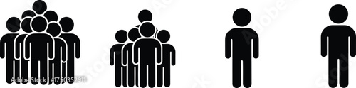Crowd and individual people icons set, teamwork and loneliness concept, social group communication, community togetherness, isolation and diversity idea vector illustration