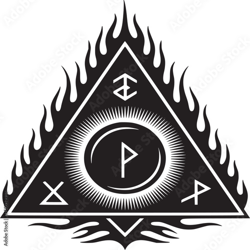 Striking black and white runic symbol engulfed in flame, perfect for dark themes and occult designs