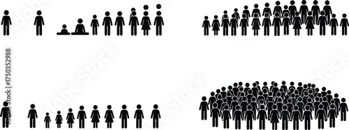 Crowd growth stages concept, people group silhouettes in increasing numbers, population expansion illustration, vector infographic for community, teamwork, society, and social connection design