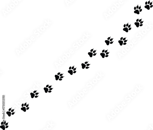 Diagonal animal paw prints trail pattern vector illustration, black pet footprints design, wildlife tracking symbol for cat, dog, nature, walking, movement concept.