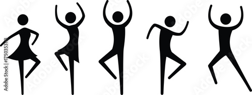 Dancing stick figures silhouette, people performing dance poses, joyful movement illustration, black simple human icons, vector art for celebration, fitness, and creative design