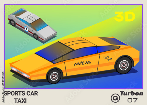 Vector collectible card, calendar or insert. 3d cartoon yellow orange retro sports car taxi. Fast automobile. Toon volumetric city transport. Violet frame. Number 7