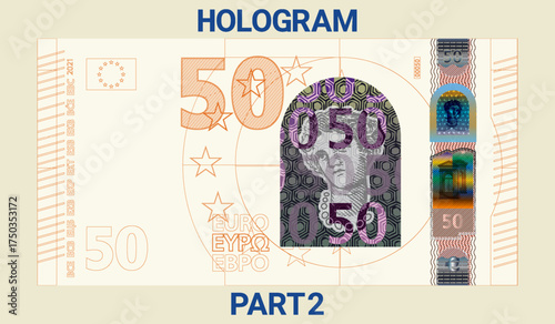 Vector. Iridescent security holograms of Europe note. Graphic drawing of obverse of European Union 50 euro banknote. Fifty. Money. Part 2