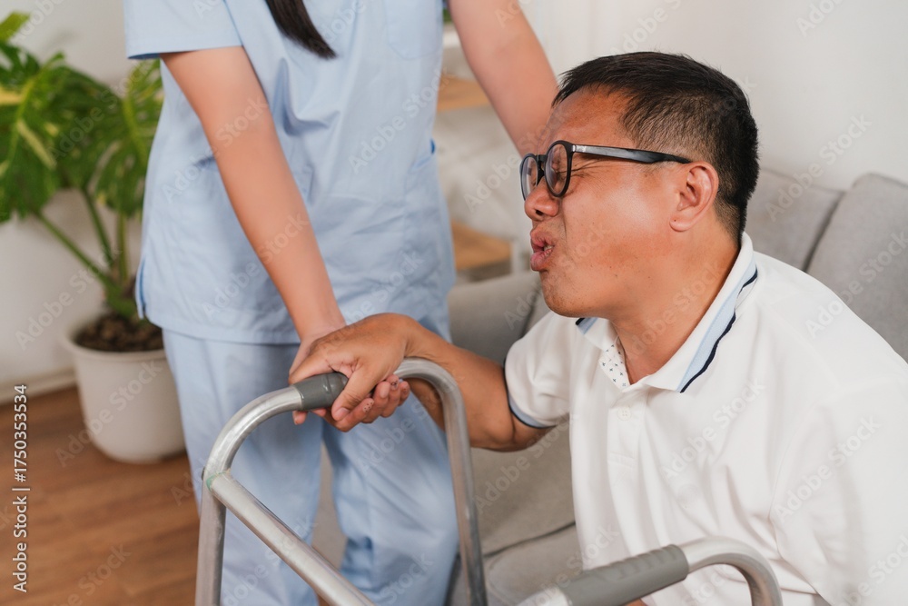 Obraz premium Caregiver Assisting Elderly Man with Walker in Bright and Comfortable Living Room Setting