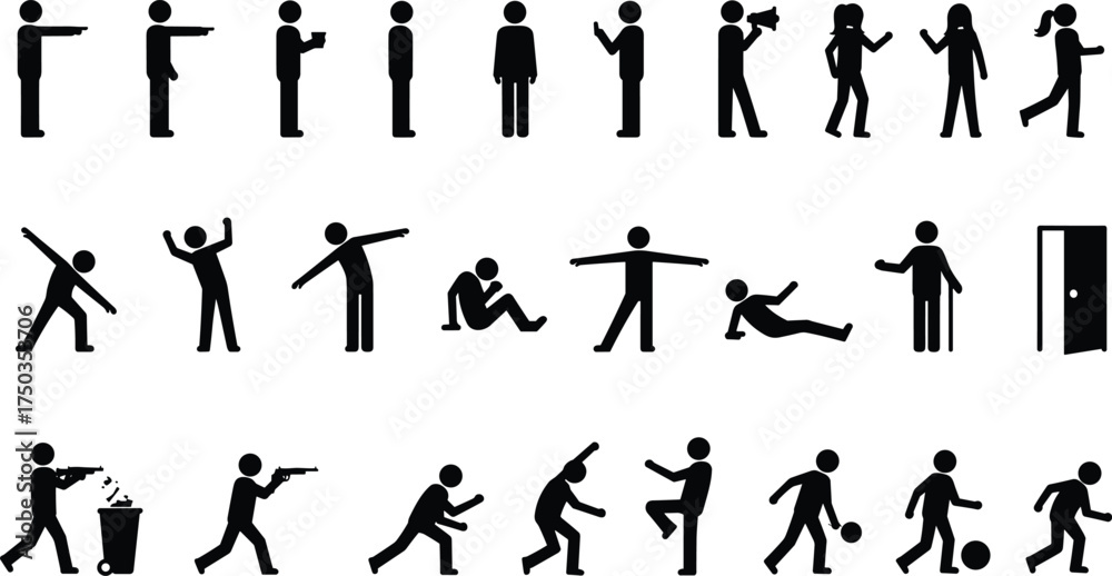 Fototapeta premium Human stick figure actions and activities illustration, people silhouette gestures, sport, dance, communication, daily routine, business, teamwork, fitness, vector icons set