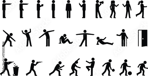 Human stick figure actions and activities illustration, people silhouette gestures, sport, dance, communication, daily routine, business, teamwork, fitness, vector icons set
