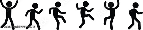 Human stick figure dance movement sequence, joyful people jumping and dancing vector illustration, happiness celebration activity concept, minimalist black silhouette design