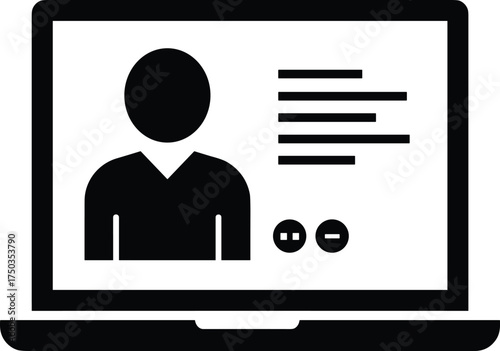 Laptop computer screen showing user profile icon, personal identification information, online account interface, digital resume, and identity verification concept illustration vector