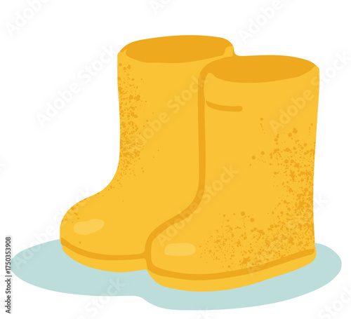 Cute textured illustration of yellow rain boots on a puddle. Flat graphic vector illustration isolated on white background. Cozy weather design.