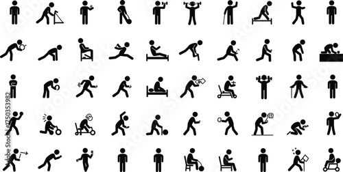 Physical therapy exercise icons set, rehabilitation stick figure illustration showing mobility training, recovery stretching, physiotherapy workout and medical treatment activity vector design
