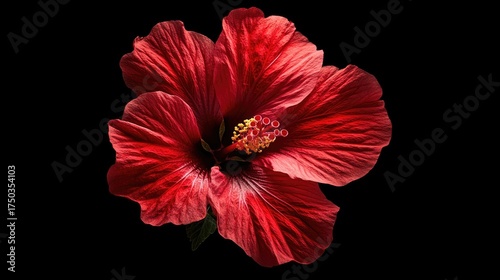 Vibrant Red Hibiscus Bloom on Black Background with Detailed Petals
