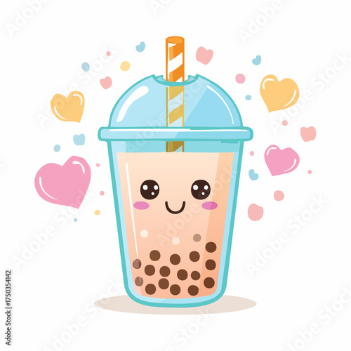 Cute Bubble Tea Illustration with Hearts and Kawaii Face.