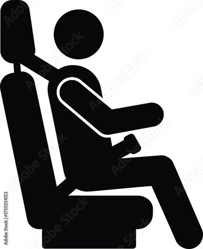 Seat belt safety icon, stick figure person sitting in car seat wearing seatbelt, transportation security illustration, vector design for road safety and awareness
