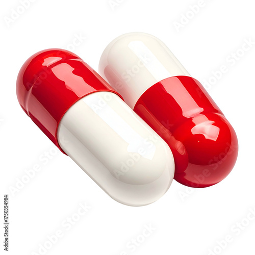 Two gelatinous capsules, one red and white, the other red, placed against a black backdrop