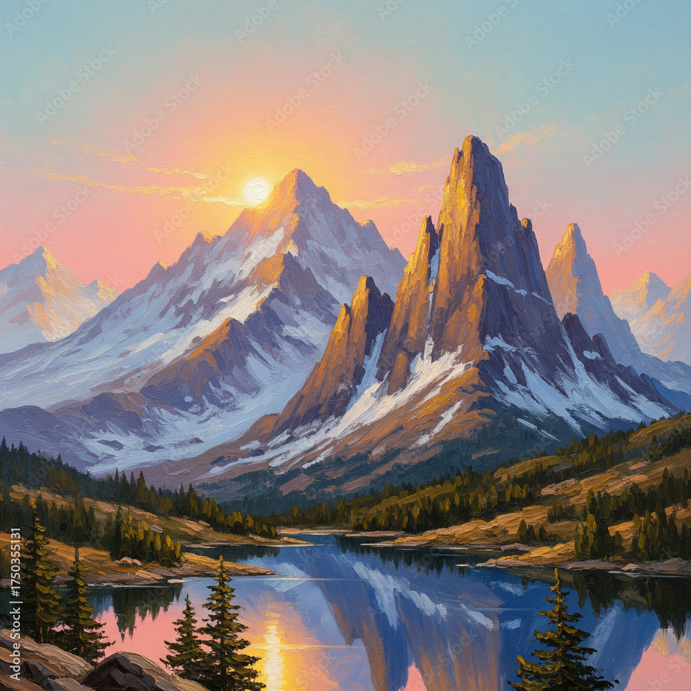 Obraz premium painting of a mountain and river landscape