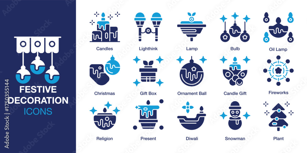 Obraz premium Festive Decoration icon set. Containing event, festival, party, traditional, decor and more. Solid vector icons collection. Vector illustration.