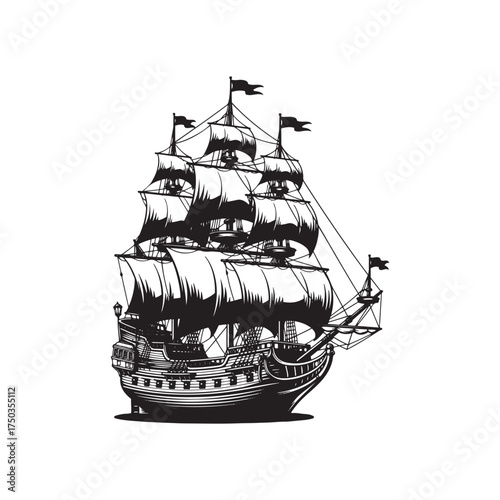 Thanksgivig Black Silhouette of a Majestic Sailing Ship with Full Sails and Flags tall ship vintage