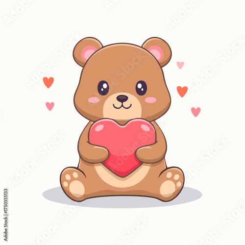 Cute cartoon bear holding a big red heart love concept.