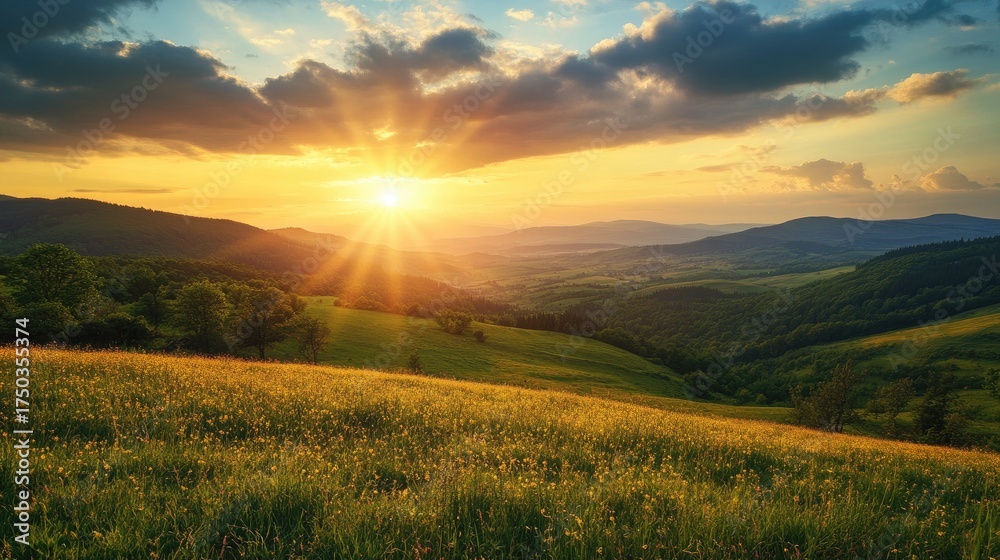 Fototapeta premium Serene Sunset Over Rolling Hills and Lush Green Fields Landscape