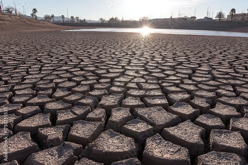 Dry, cracked earth meets distant water under a bright sun