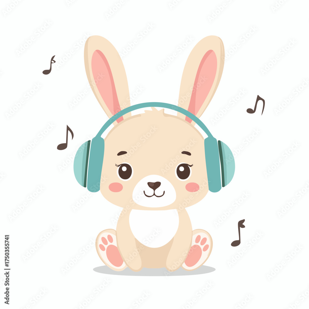 Fototapeta premium Cute Cartoon Bunny Rabbit Listening to Music with Headphones.