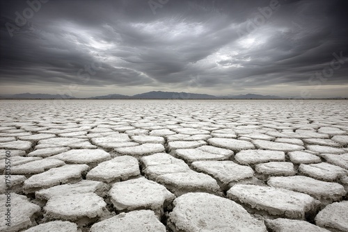 Cracked, barren earth under dramatic, cloudy sky & distant mountains