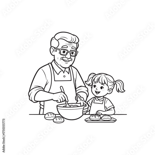 Thanksgivig Grandfather and Granddaughter Baking Together in a Kitchen Scene cooking family