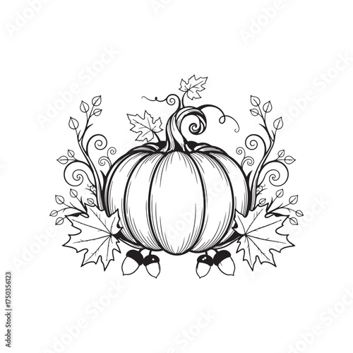 Thanksgivig Ornate Pumpkin with Maple Leaves and Acorns Illustration autumn fall