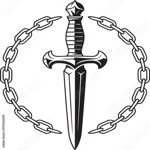 Intricate dagger illustration surrounded by a bold chain, perfect for historical or fantasy designs