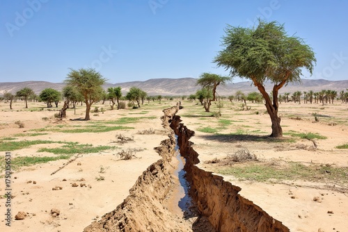 Ground fissure stretches across arid land toward distant hills