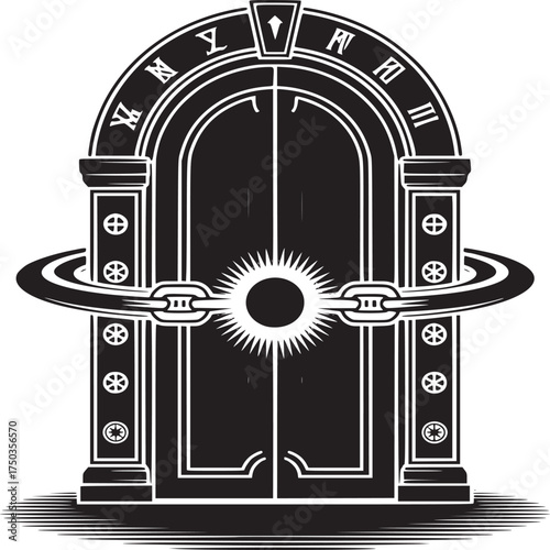 Unlock a world of possibilities with this striking black and white door illustration with celestial flair