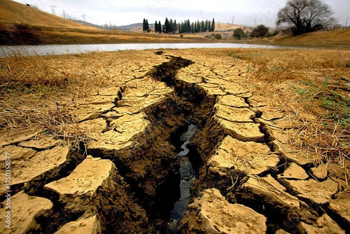 Dry cracked earth leads to water in arid landscape scene