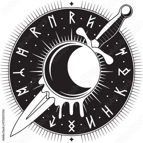 Mystical crescent moon with sword and ancient runes for tattoo or esoteric design inspiration