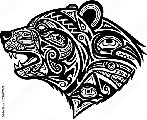 Black and white tiger head tattoo and bear vector illustration with tribal design and nature symbols