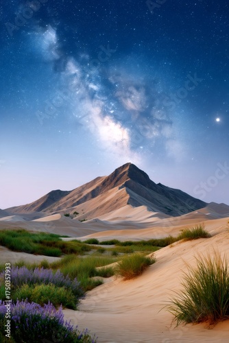 Milky Way glowing over desert mountains and lavender