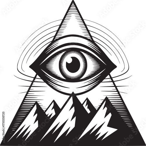 Modern graphic design featuring eye atop mountain peaks in black and white for powerful symbolic impact
