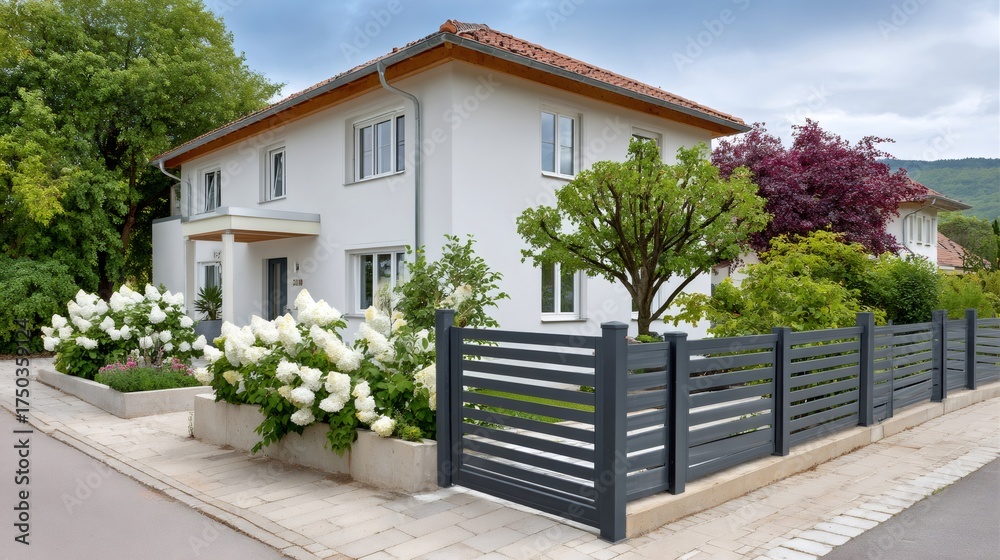 Fototapeta premium Modern suburban house exterior with gray fence and white hydrangeas