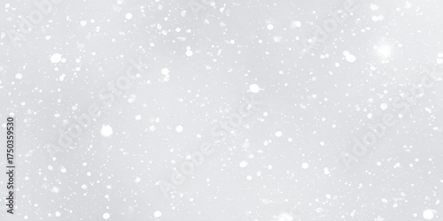 different realistic falling snow or snowflakes are dancing randomly on white background, Realistic falling snow with snowflakes and clouds on blurred grey or white background.