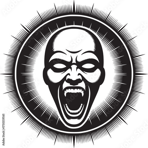 Terrifying vampire face screaming with sharp fangs in monochrome vector design for Halloween projects