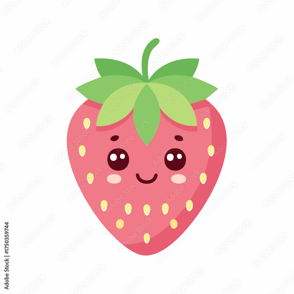 Obraz premium Cute cartoon strawberry with happy face and green leaves.
