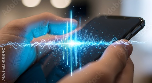 Hands holding a smartphone displaying a blue sound wave visualization on the screen of the device