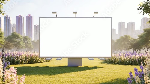 Horizontal Blank Billboard Mockup in Lush Green Park with City Skyline Background