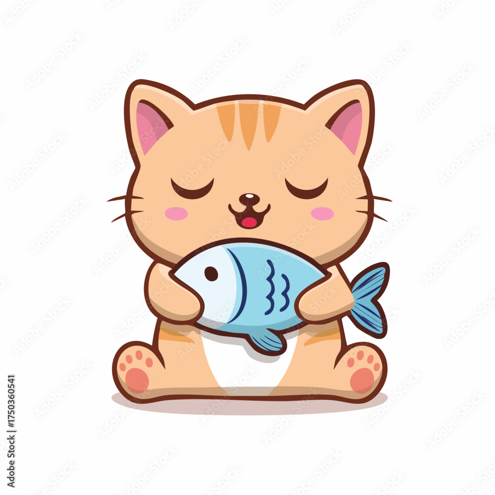 Fototapeta premium Cute Cat Holding Fish Cartoon Illustration.