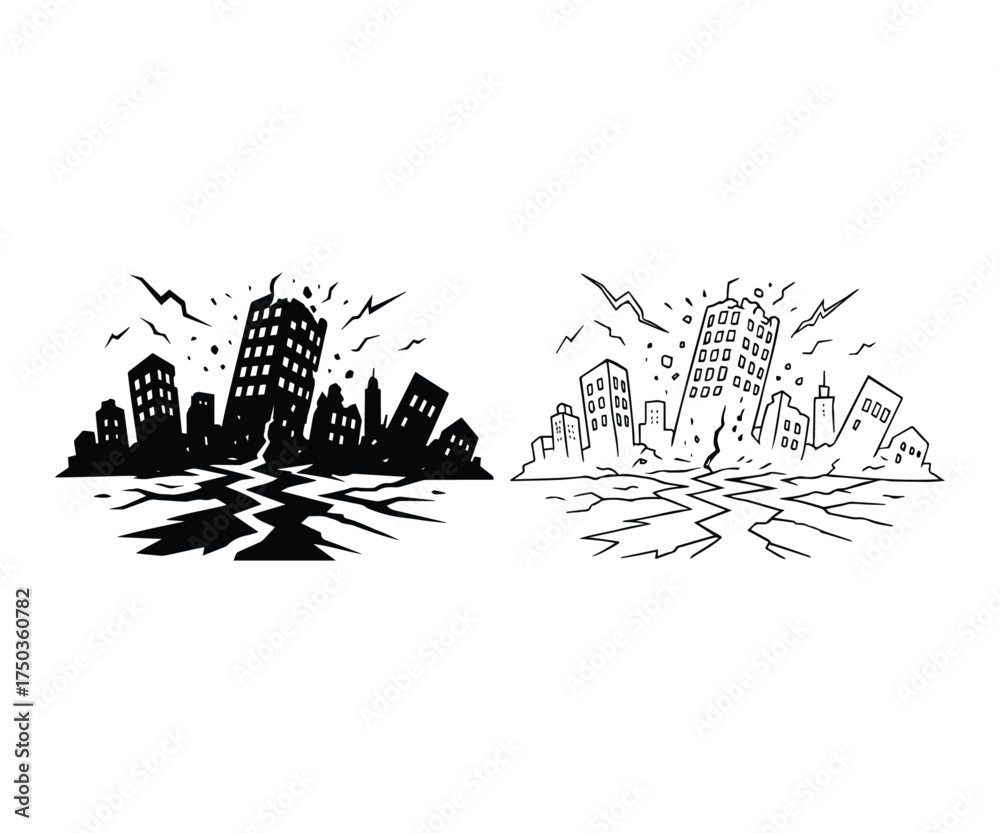 Fototapeta premium Vector Icon of Buildings Collapsing: Natural Disaster and Tremor Graphic